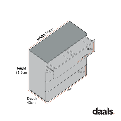 Commode 2 tiroirs sur 3 Agnes à bords incurvés, blanc cassé avec plateau en chêne