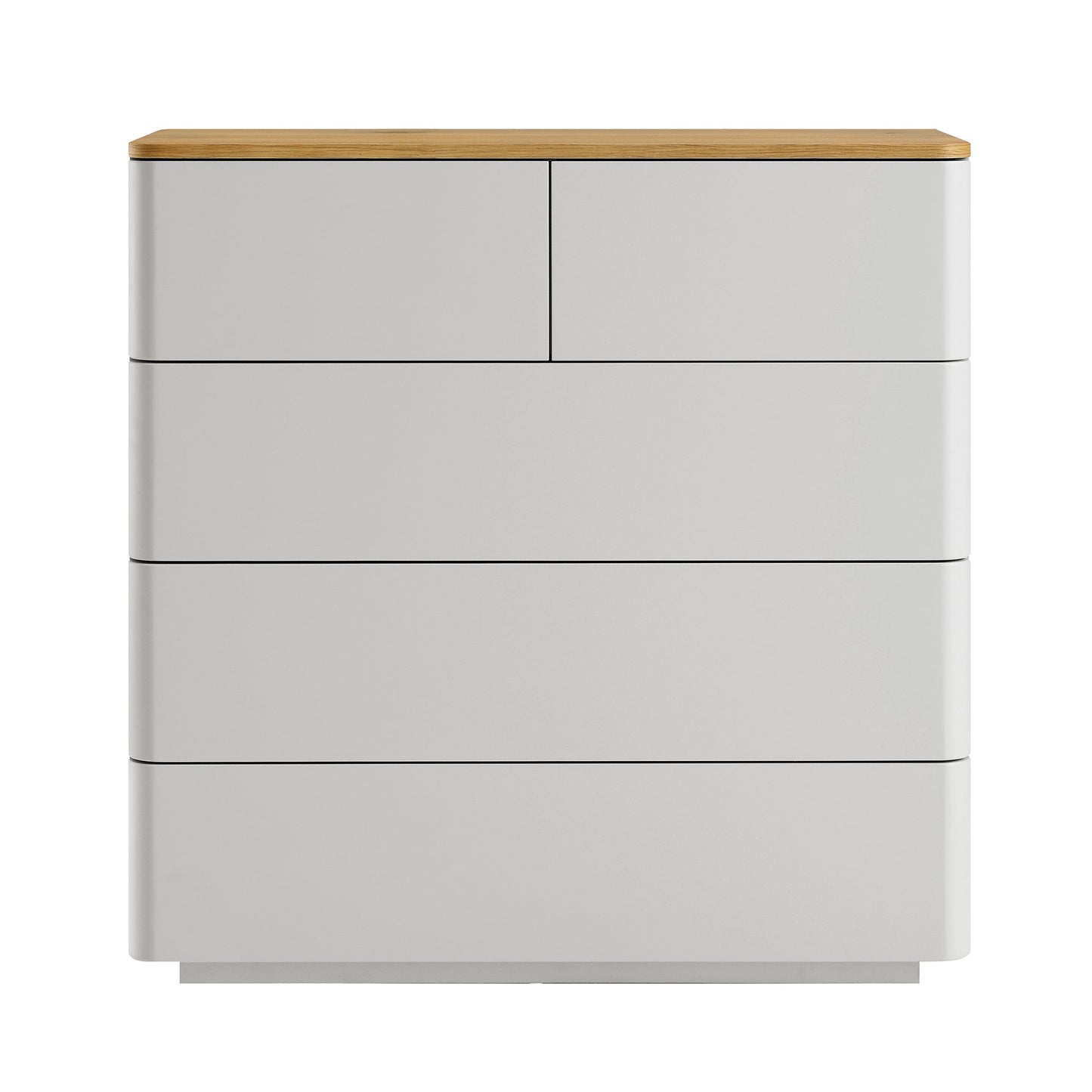 Commode 2 tiroirs sur 3 à bords incurvés Agnes, gris tourterelle avec plateau en chêne