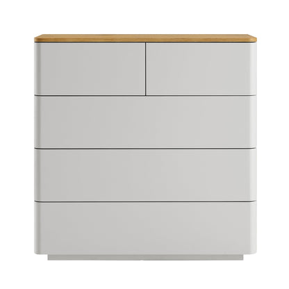 Commode 2 tiroirs sur 3 à bords incurvés Agnes, gris tourterelle avec plateau en chêne