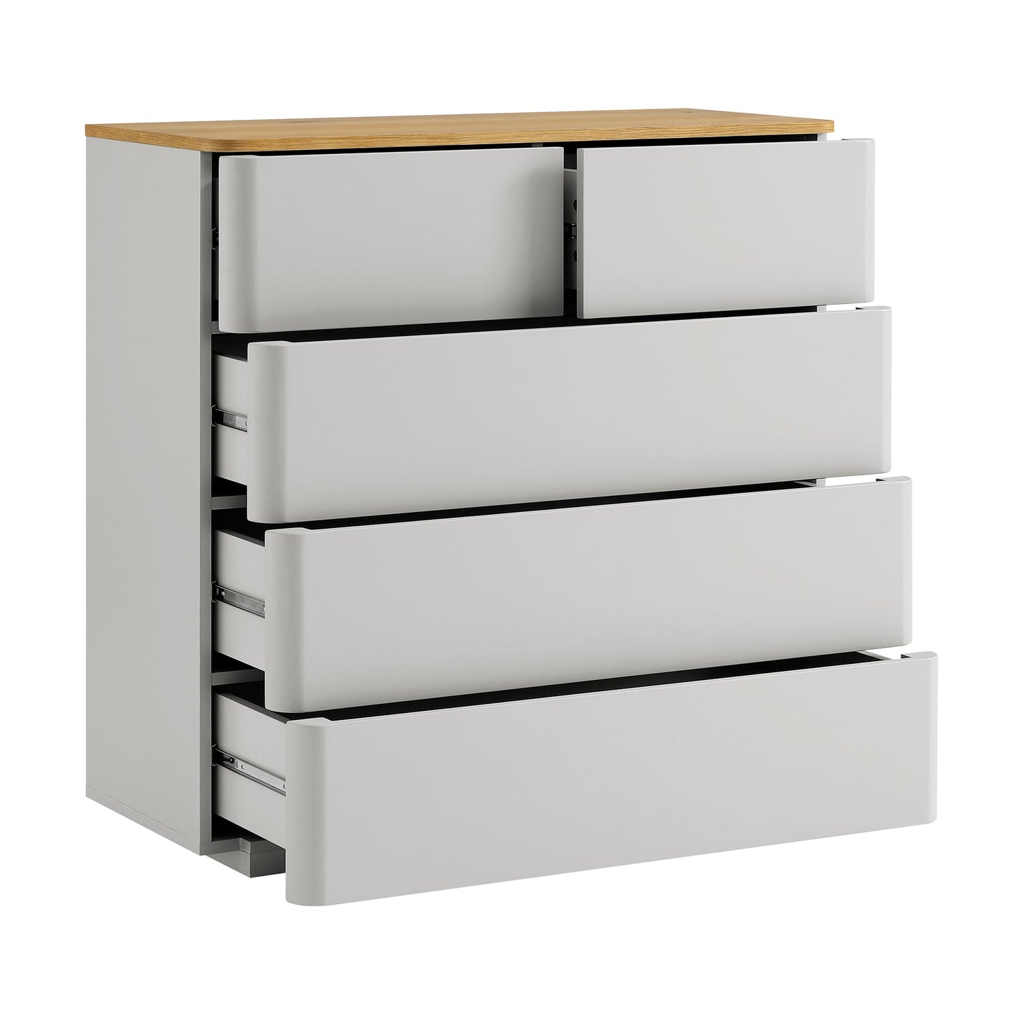 Commode 2 tiroirs sur 3 à bords incurvés Agnes, gris tourterelle avec plateau en chêne