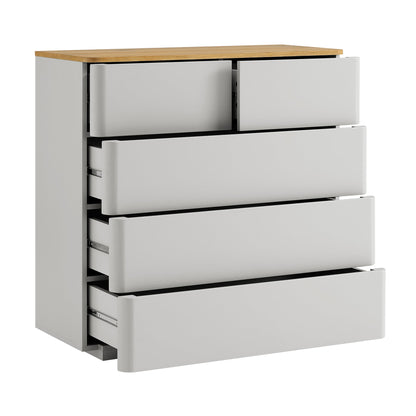 Commode 2 tiroirs sur 3 à bords incurvés Agnes, gris tourterelle avec plateau en chêne