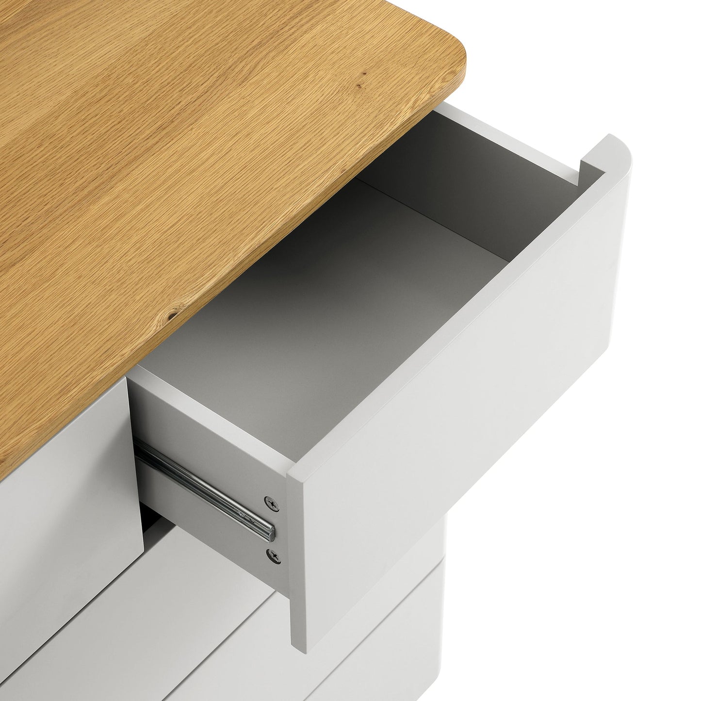 Commode 2 tiroirs sur 3 à bords incurvés Agnes, gris tourterelle avec plateau en chêne