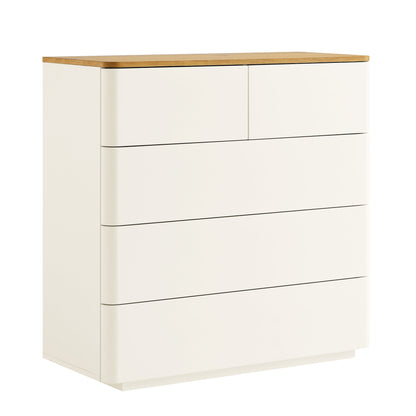 Commode 2 tiroirs sur 3 Agnes à bords incurvés, blanc cassé avec plateau en chêne
