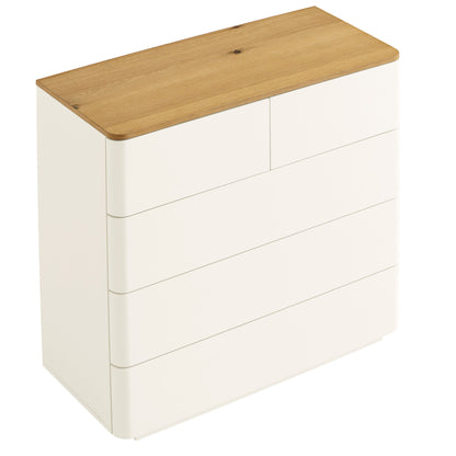 Commode 2 tiroirs sur 3 Agnes à bords incurvés, blanc cassé avec plateau en chêne