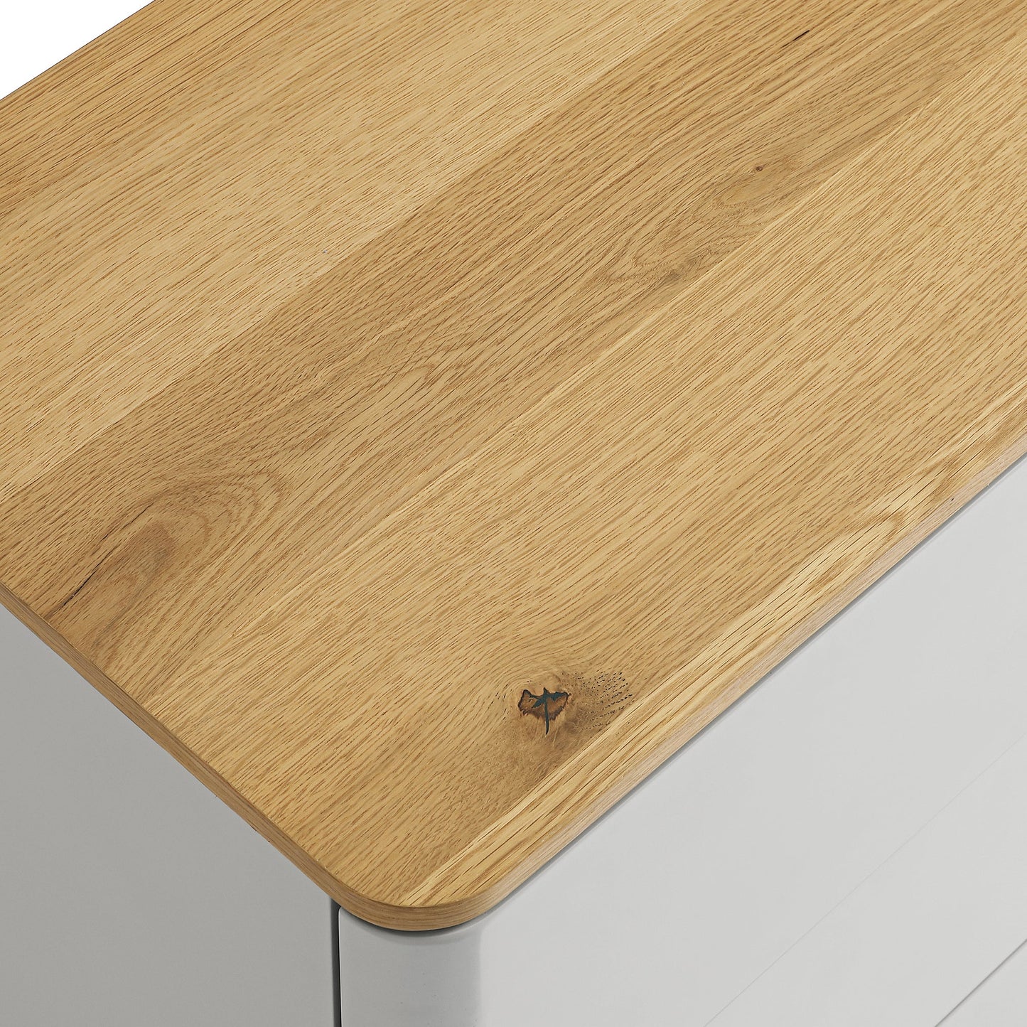 Commode 6 tiroirs à bords incurvés Agnes, gris tourterelle avec plateau en chêne