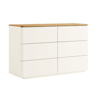 Commode 6 tiroirs à bords incurvés Agnes, blanc cassé avec plateau en chêne
