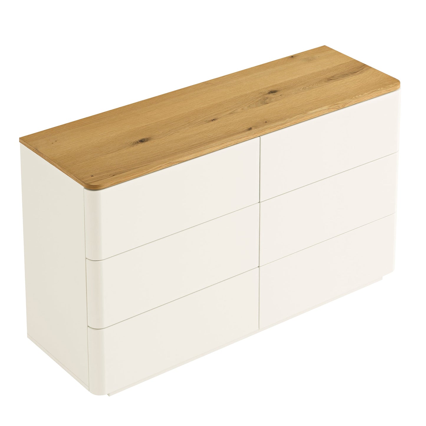 Commode 6 tiroirs à bords incurvés Agnes, blanc cassé avec plateau en chêne