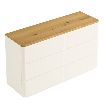 Commode 6 tiroirs à bords incurvés Agnes, blanc cassé avec plateau en chêne