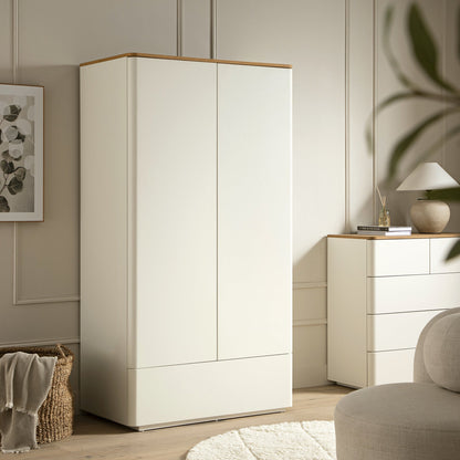 Armoire double à bords incurvés Agnes, blanc cassé avec plateau en chêne