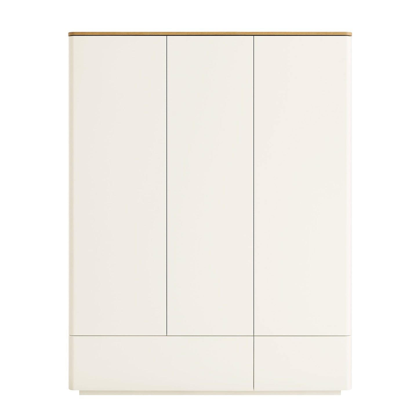 Armoire triple Agnes à bords incurvés, blanc cassé avec plateau en chêne