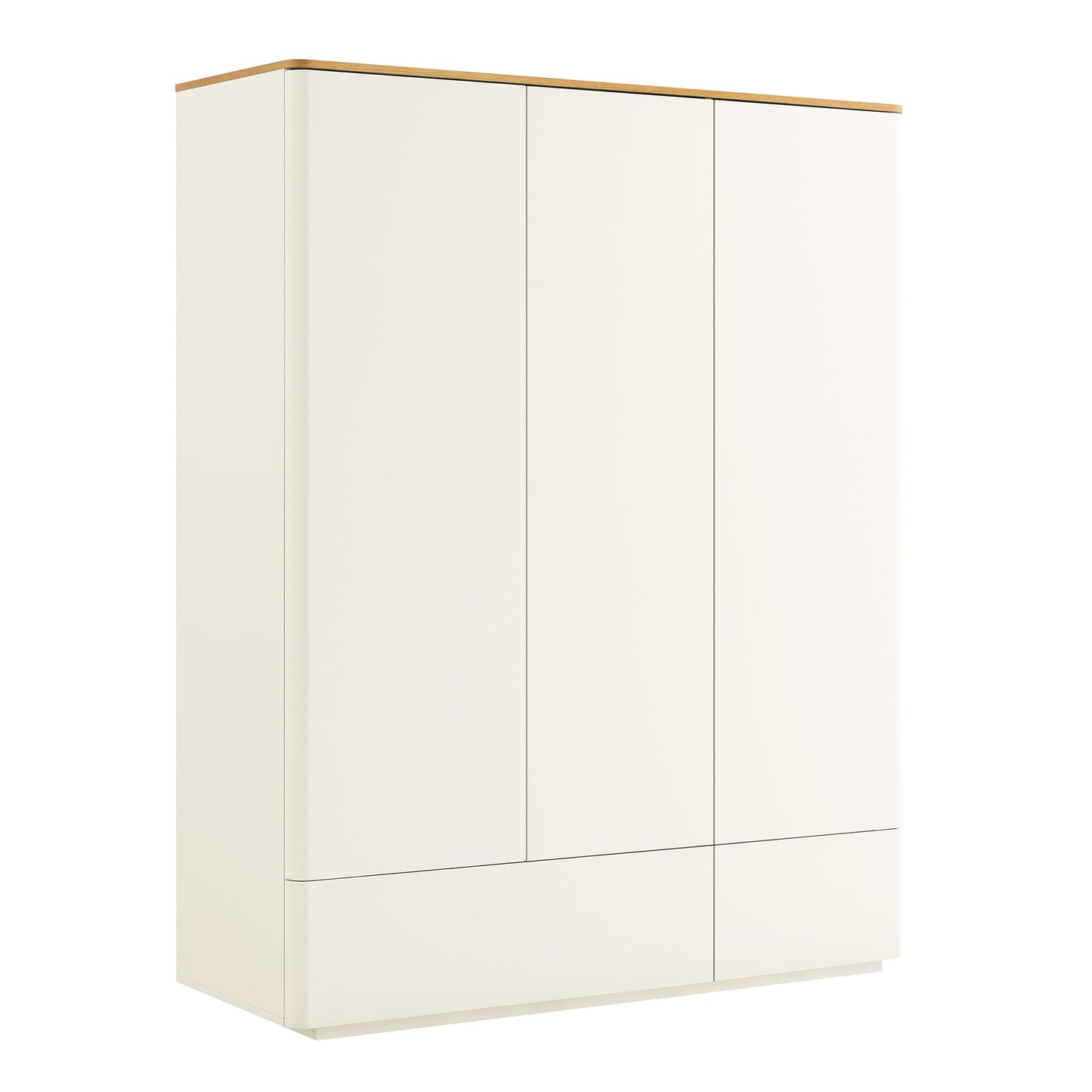 Armoire triple Agnes à bords incurvés, blanc cassé avec plateau en chêne