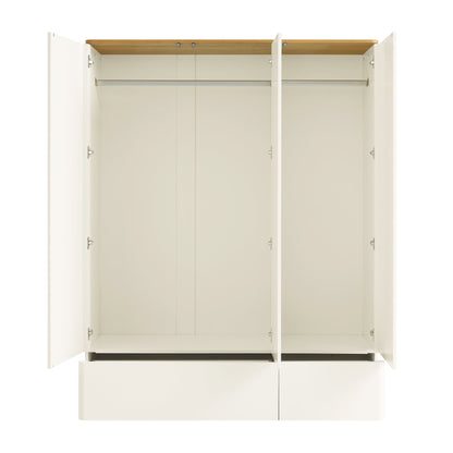 Armoire triple Agnes à bords incurvés, blanc cassé avec plateau en chêne