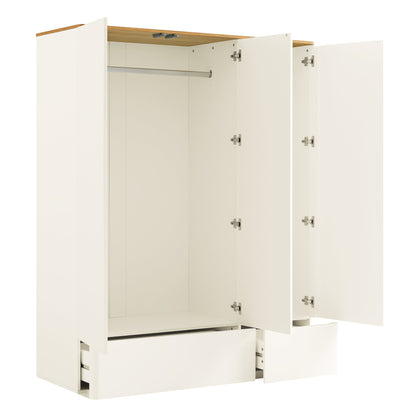 Armoire triple Agnes à bords incurvés, blanc cassé avec plateau en chêne