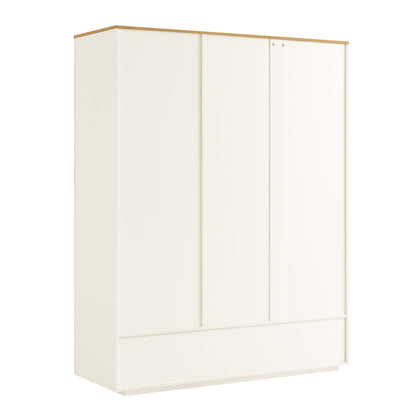 Armoire triple Agnes à bords incurvés, blanc cassé avec plateau en chêne