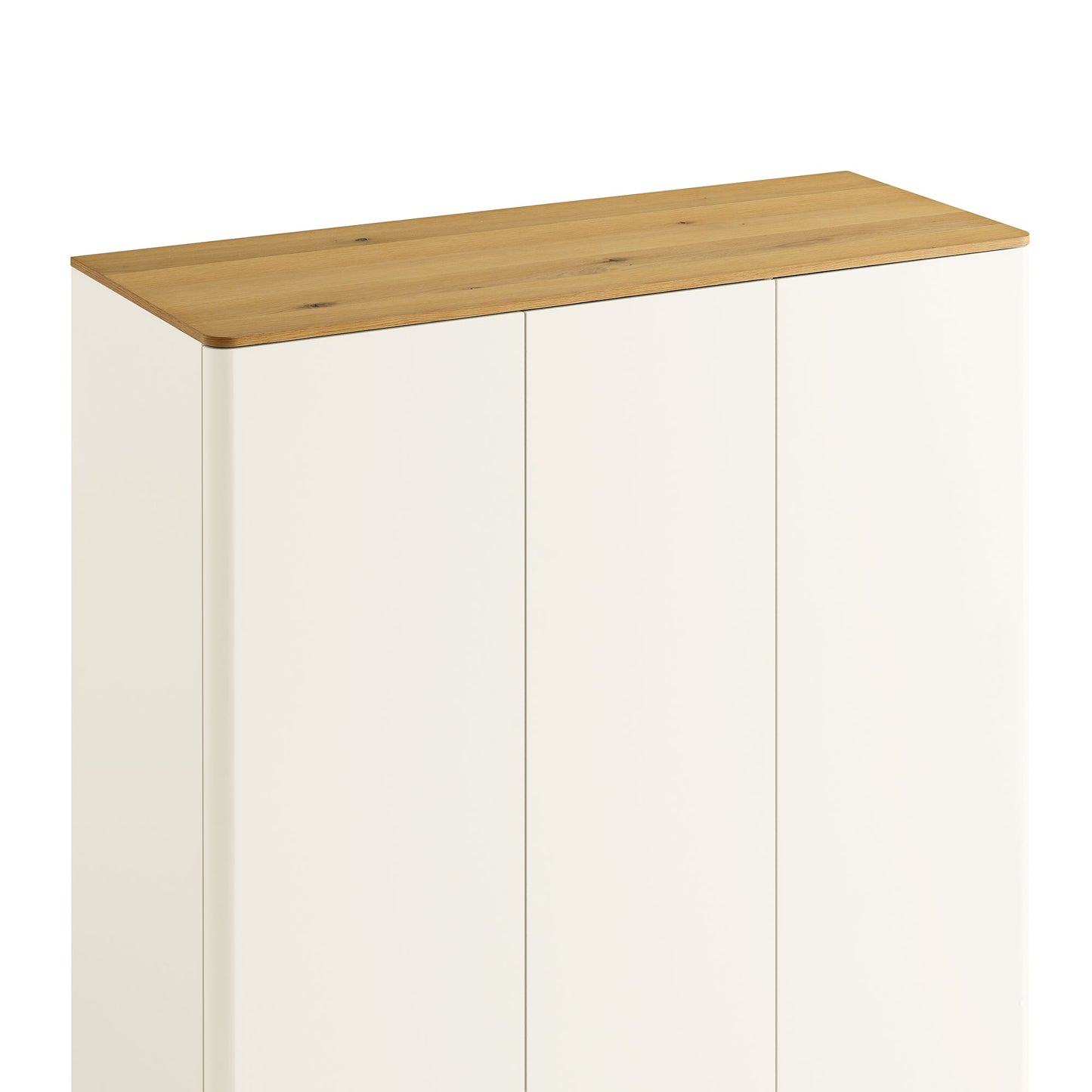 Armoire triple Agnes à bords incurvés, blanc cassé avec plateau en chêne