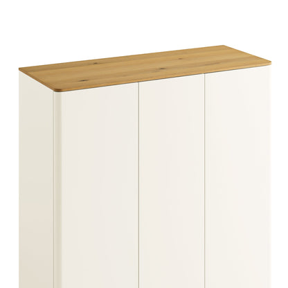 Armoire triple Agnes à bords incurvés, blanc cassé avec plateau en chêne