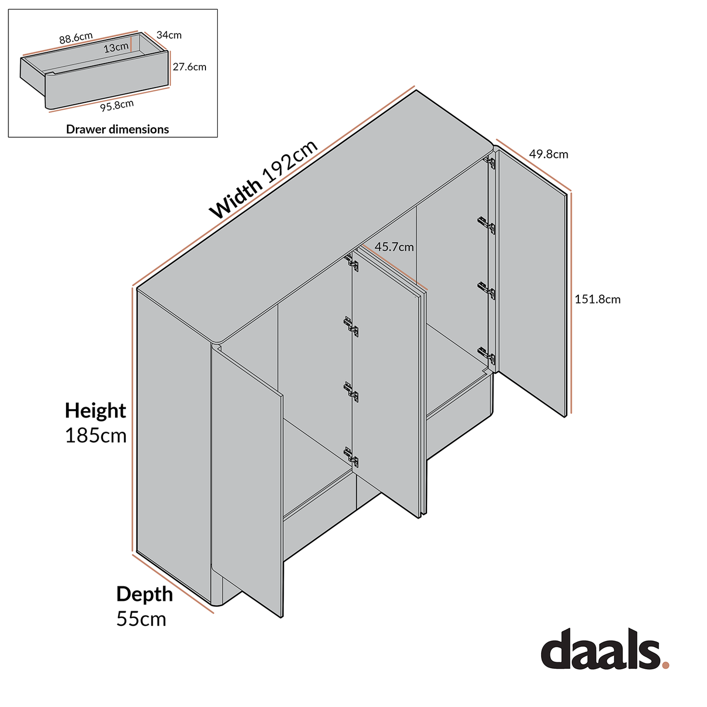 Armoire 4 portes à bords incurvés Agnes, blanc cassé avec plateau en chêne