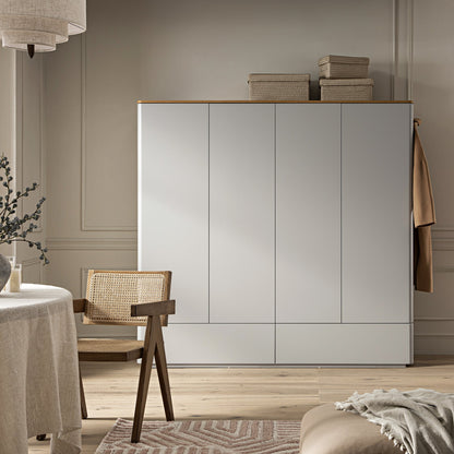 Armoire 4 portes à bords incurvés Agnes, gris tourterelle avec plateau en chêne