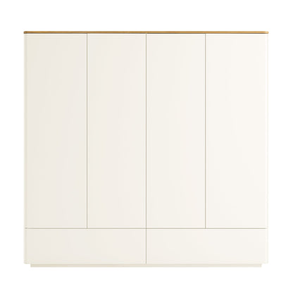 Armoire 4 portes à bords incurvés Agnes, blanc cassé avec plateau en chêne