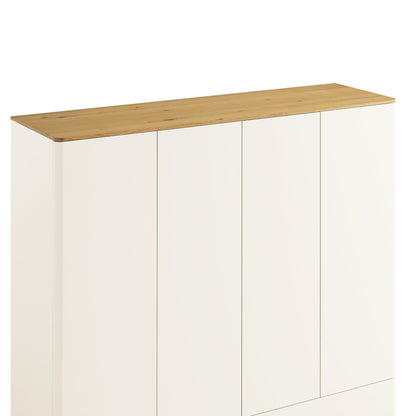 Armoire 4 portes à bords incurvés Agnes, blanc cassé avec plateau en chêne