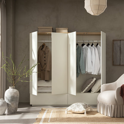 Armoire 4 portes à bords incurvés Agnes, blanc cassé avec plateau en chêne