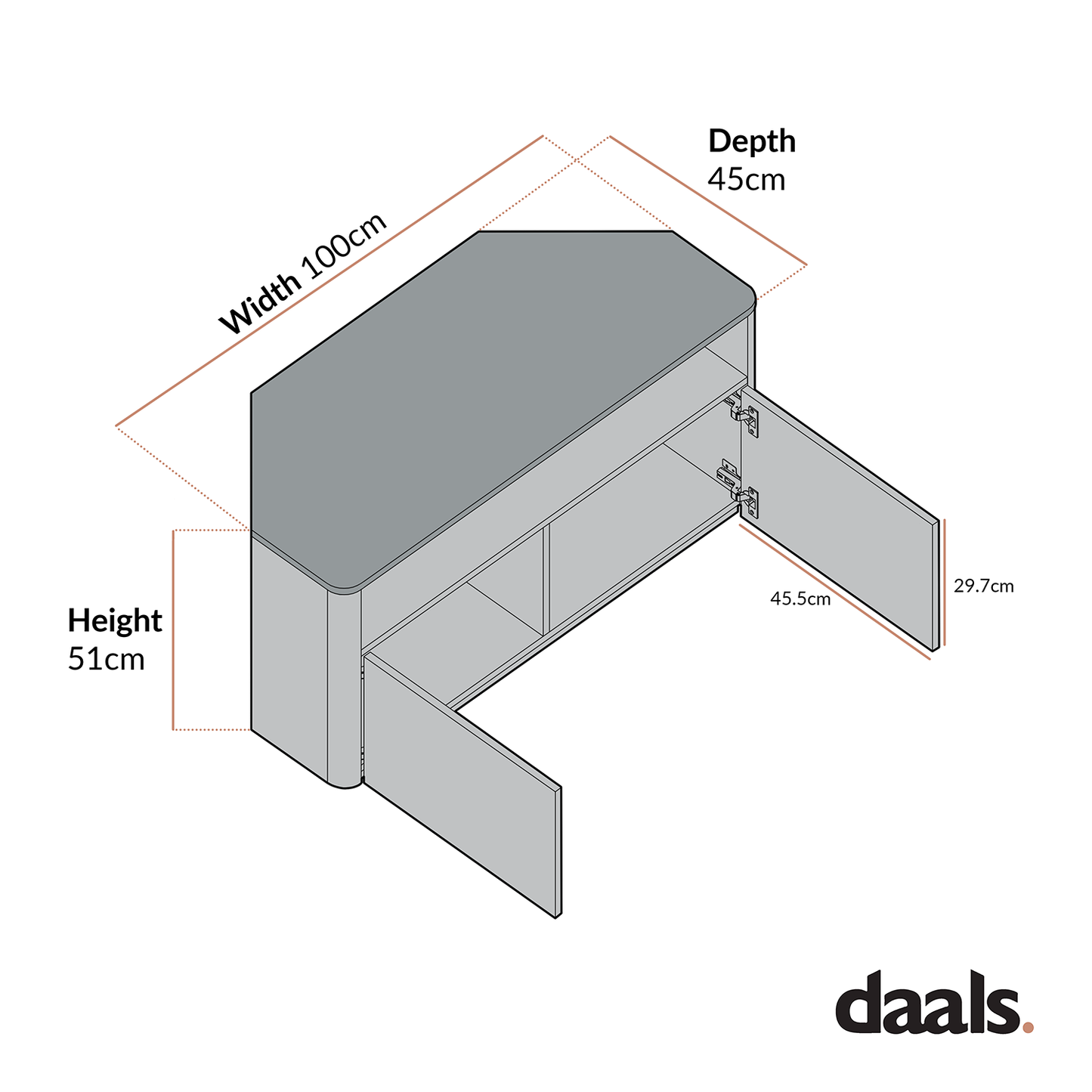 Meuble TV d'angle à bords incurvés Agnes, blanc cassé avec plateau en chêne