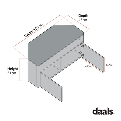 Meuble TV d'angle à bords incurvés Agnes, blanc cassé avec plateau en chêne