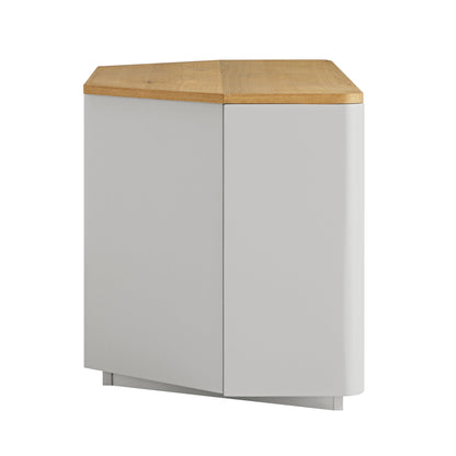 Meuble TV d'angle à bords incurvés Agnes, gris tourterelle avec plateau en chêne