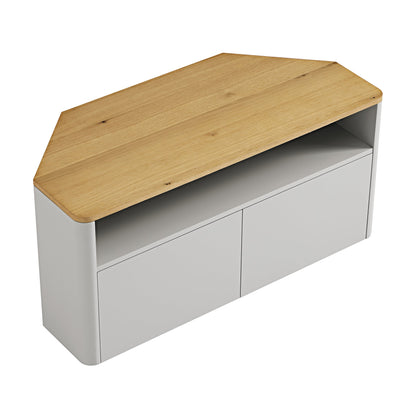 Meuble TV d'angle à bords incurvés Agnes, gris tourterelle avec plateau en chêne