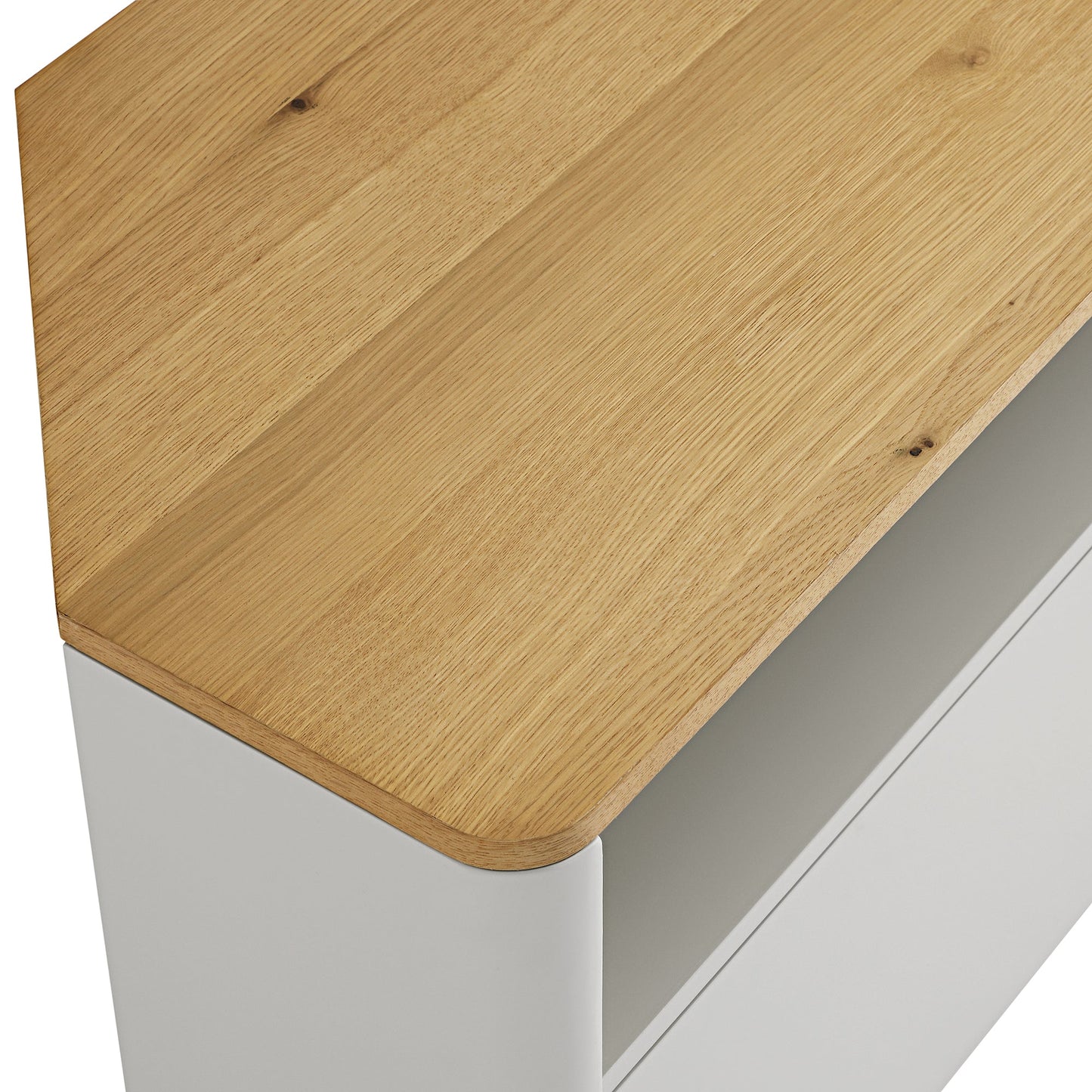 Meuble TV d'angle à bords incurvés Agnes, gris tourterelle avec plateau en chêne