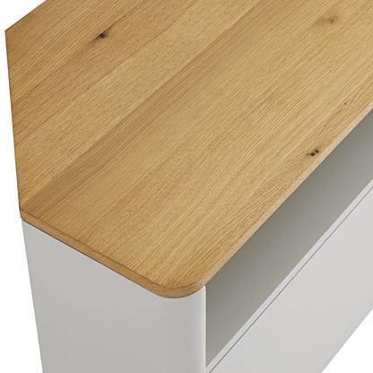 Meuble TV d'angle à bords incurvés Agnes, gris tourterelle avec plateau en chêne