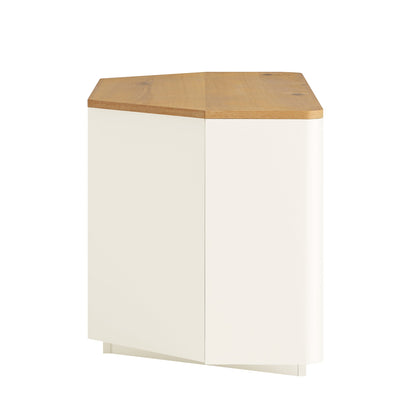 Meuble TV d'angle à bords incurvés Agnes, blanc cassé avec plateau en chêne