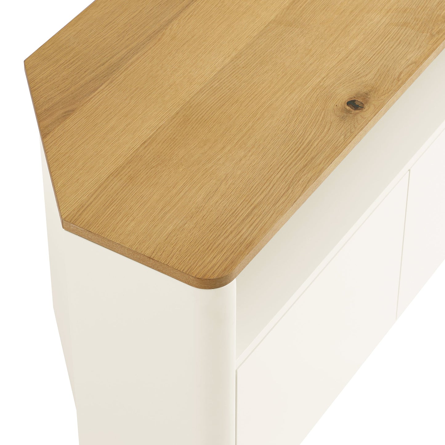 Meuble TV d'angle à bords incurvés Agnes, blanc cassé avec plateau en chêne