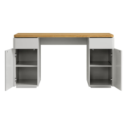 Bureau Agnes à bords incurvés avec rangement, gris tourterelle et plateau en chêne