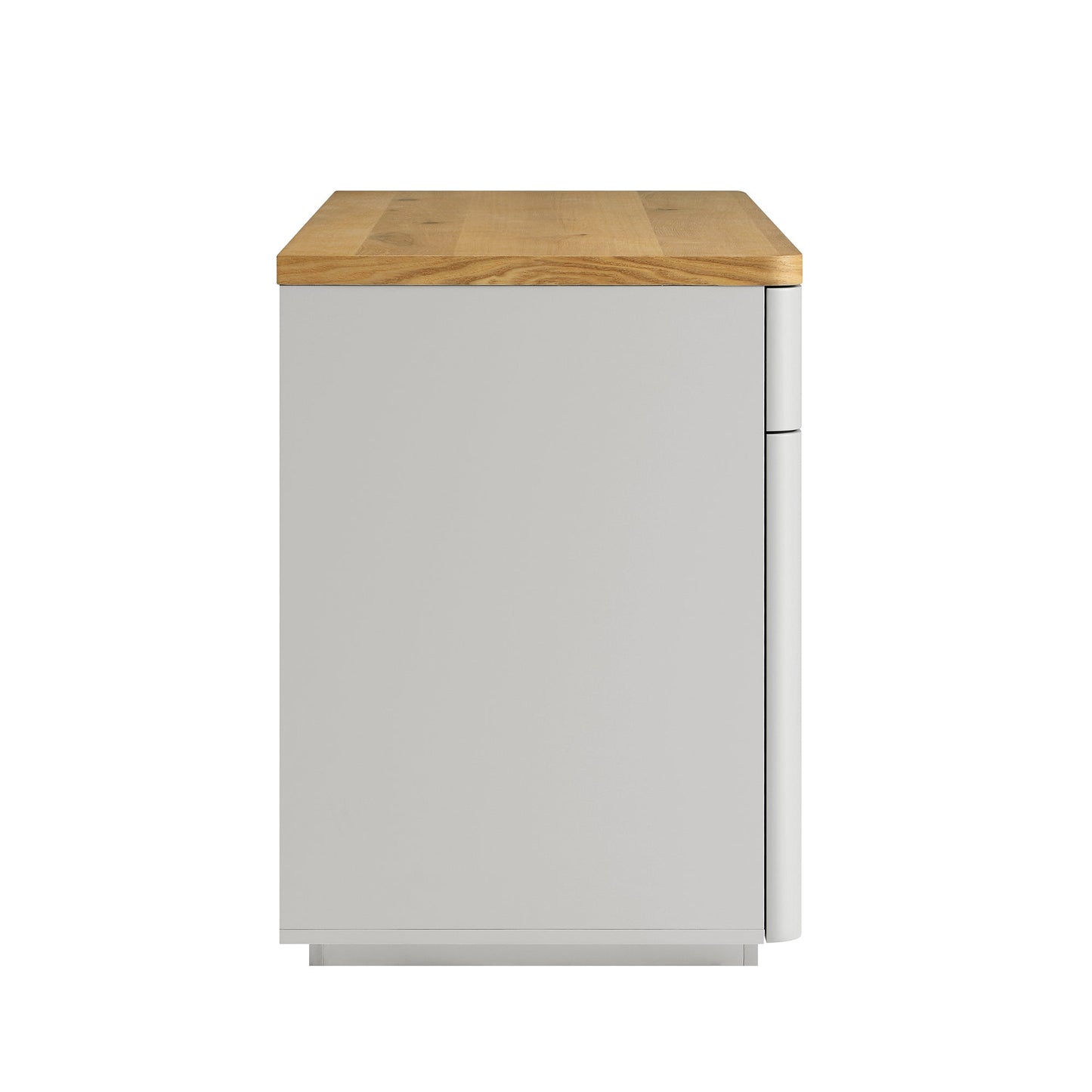 Bureau Agnes à bords incurvés avec rangement, gris tourterelle et plateau en chêne