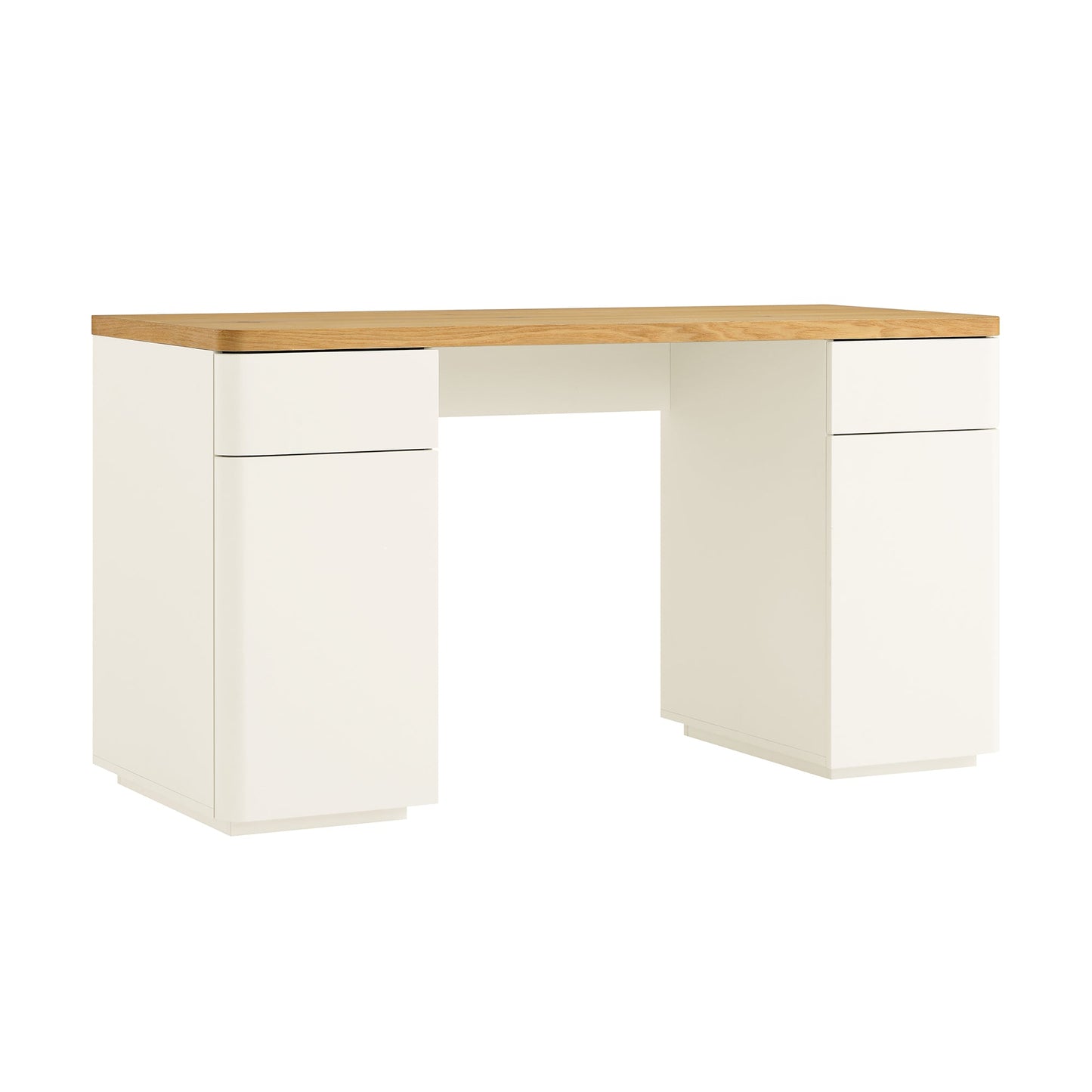 Bureau Agnes à bords incurvés avec rangement, blanc cassé avec plateau en chêne