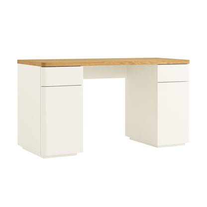 Bureau Agnes à bords incurvés avec rangement, blanc cassé avec plateau en chêne