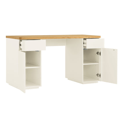 Bureau Agnes à bords incurvés avec rangement, blanc cassé avec plateau en chêne