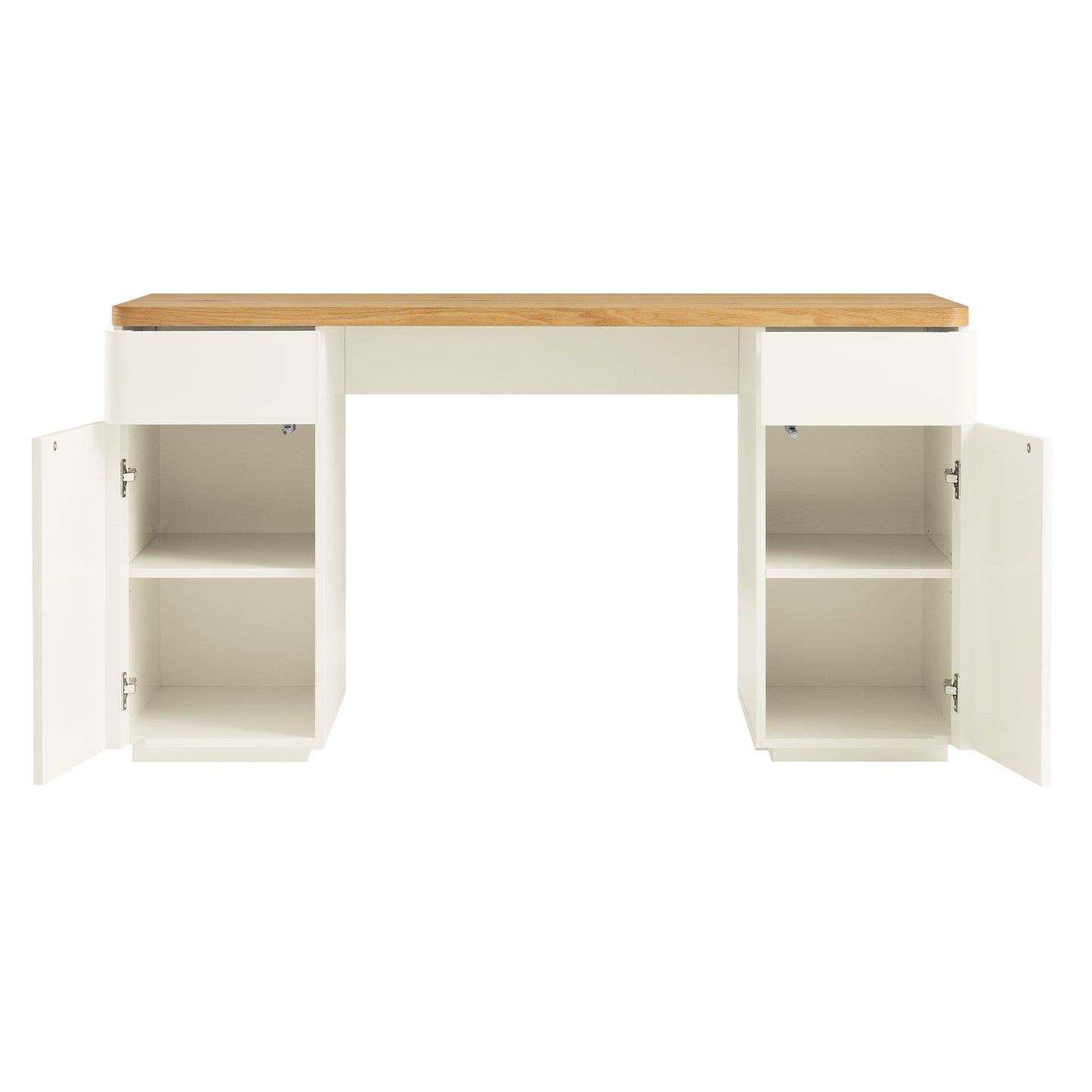 Bureau Agnes à bords incurvés avec rangement, blanc cassé avec plateau en chêne