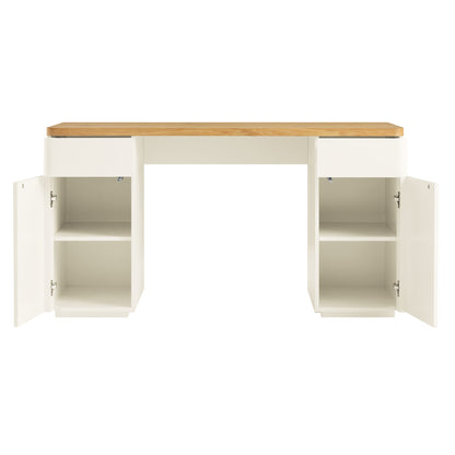 Bureau Agnes à bords incurvés avec rangement, blanc cassé avec plateau en chêne