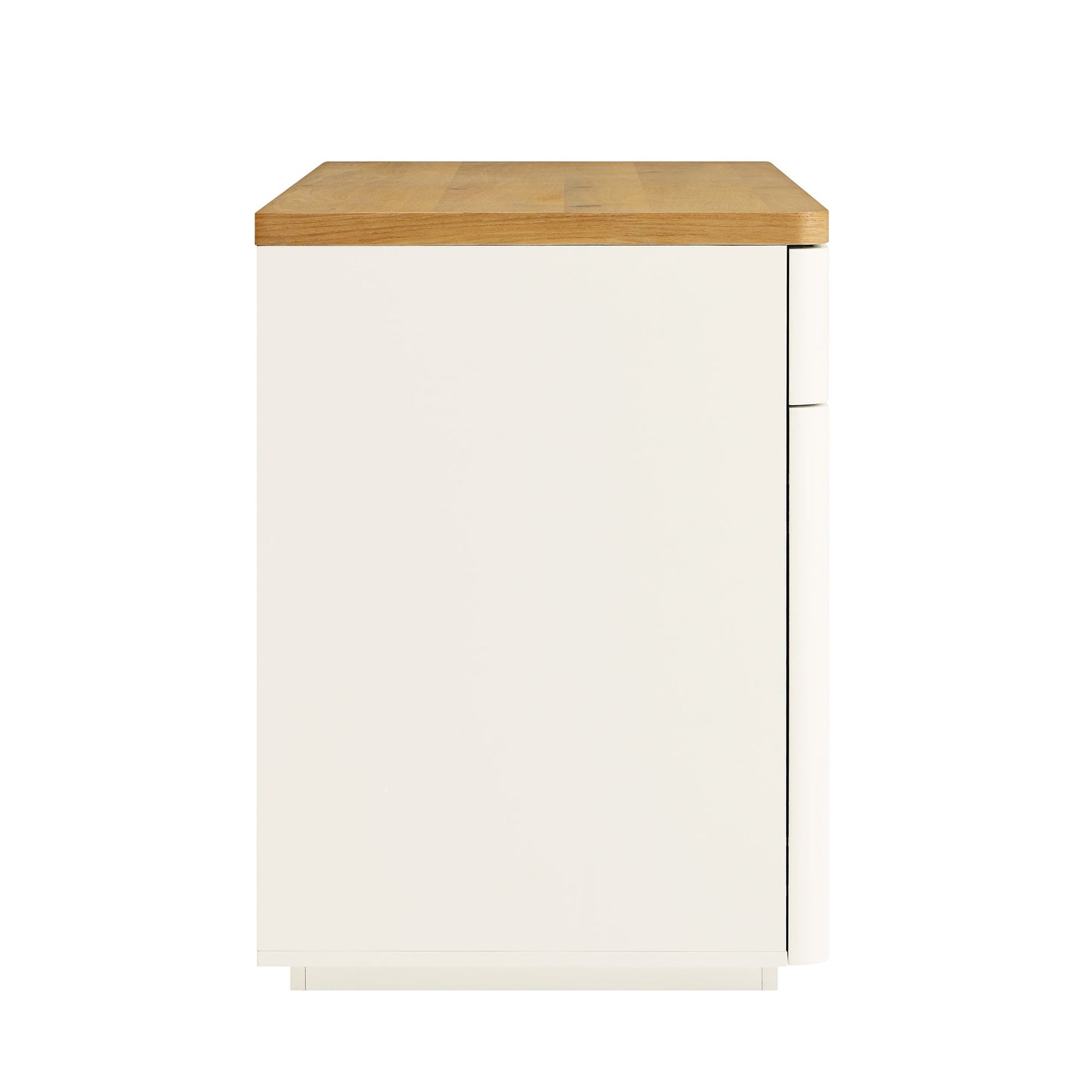 Bureau Agnes à bords incurvés avec rangement, blanc cassé avec plateau en chêne