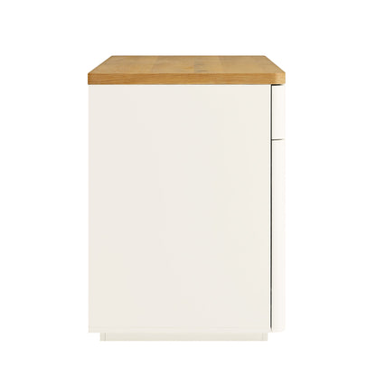 Bureau Agnes à bords incurvés avec rangement, blanc cassé avec plateau en chêne