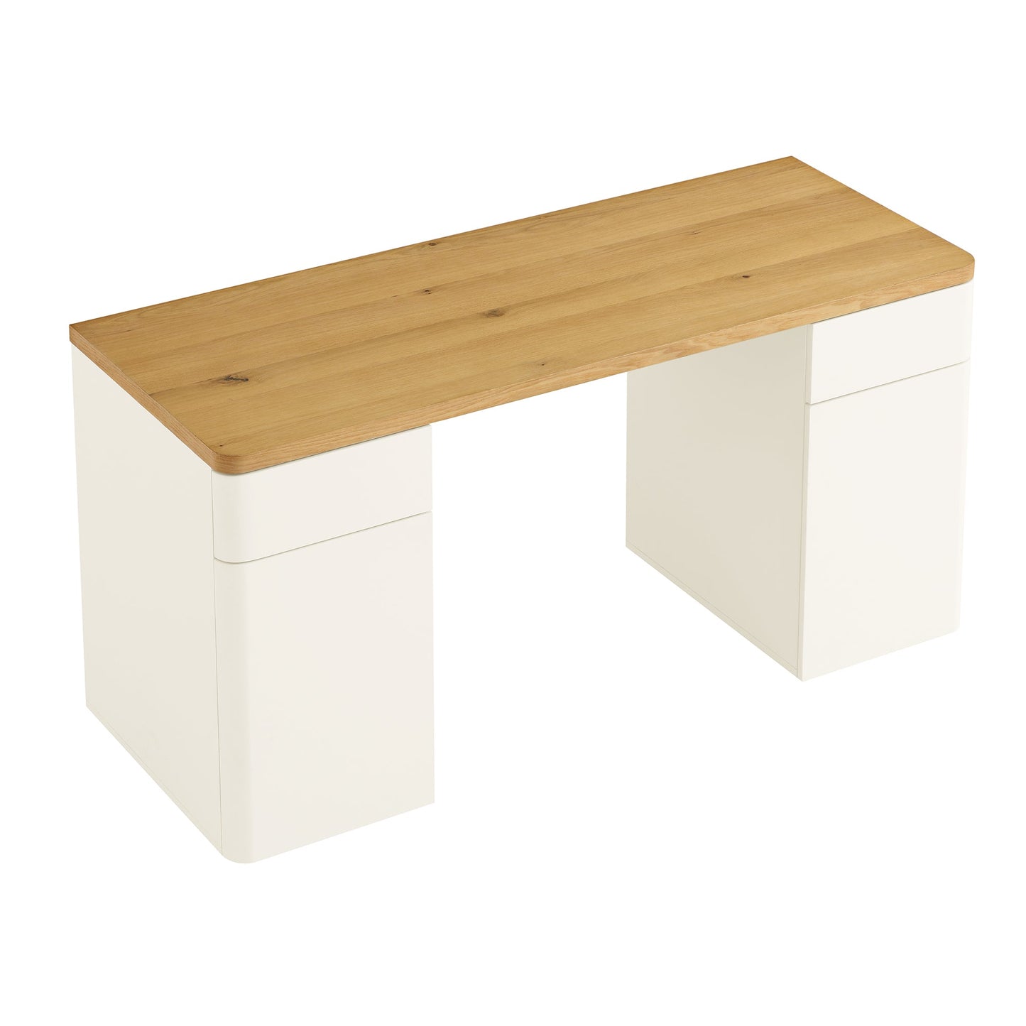 Bureau Agnes à bords incurvés avec rangement, blanc cassé avec plateau en chêne