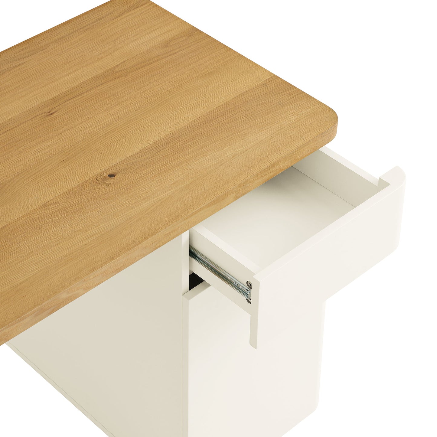 Bureau Agnes à bords incurvés avec rangement, blanc cassé avec plateau en chêne