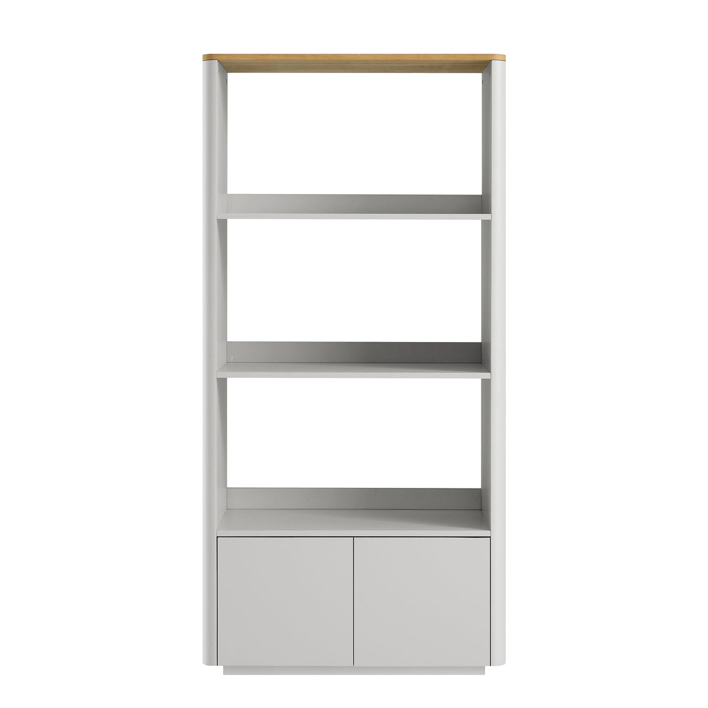 Bibliothèque à bords incurvés Agnes, gris tourterelle avec plateau en chêne