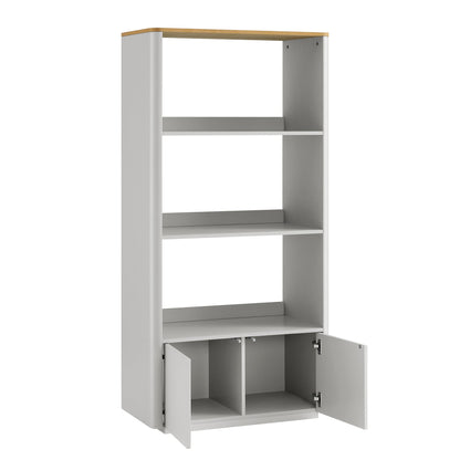 Bibliothèque à bords incurvés Agnes, gris tourterelle avec plateau en chêne