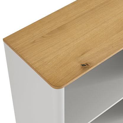 Bibliothèque à bords incurvés Agnes, gris tourterelle avec plateau en chêne