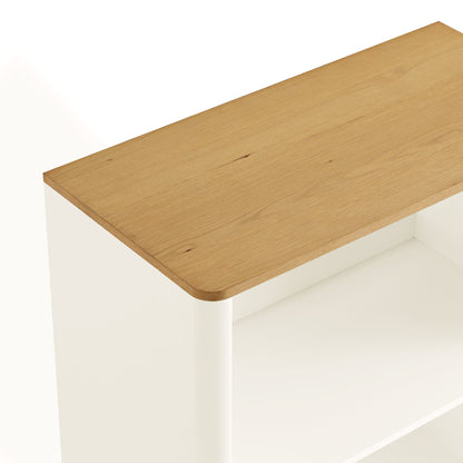 Bibliothèque à bords incurvés Agnes, blanc cassé avec plateau en chêne