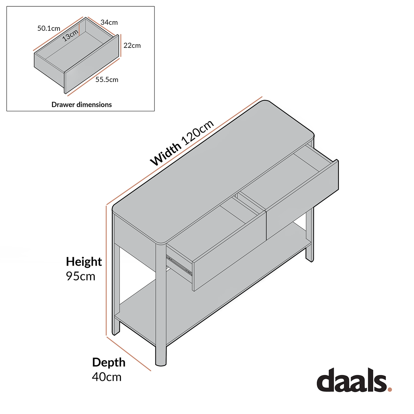 Console Agnes à 2 tiroirs et bords incurvés, blanc cassé avec plateau en chêne