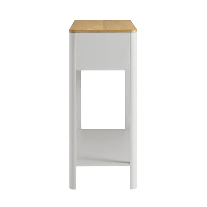 Console Agnes à 2 tiroirs et bords incurvés, gris tourterelle avec plateau en chêne